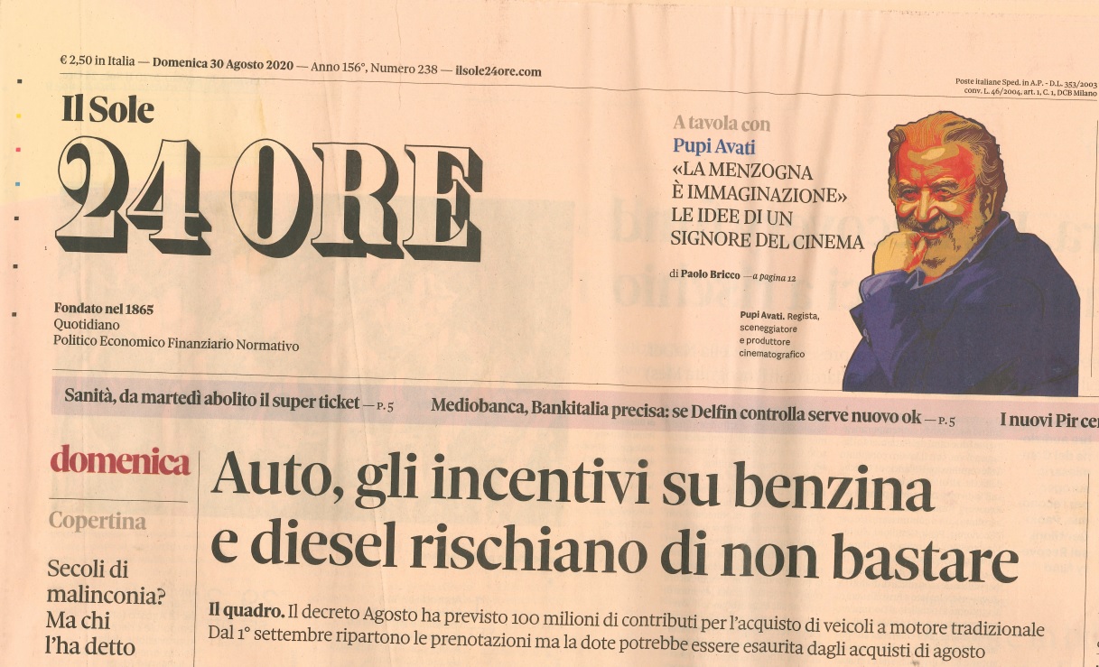 Titelseite der italienischen Zeitung Il Sole 24 Ore vom 30. August 2020 mit Autothemen